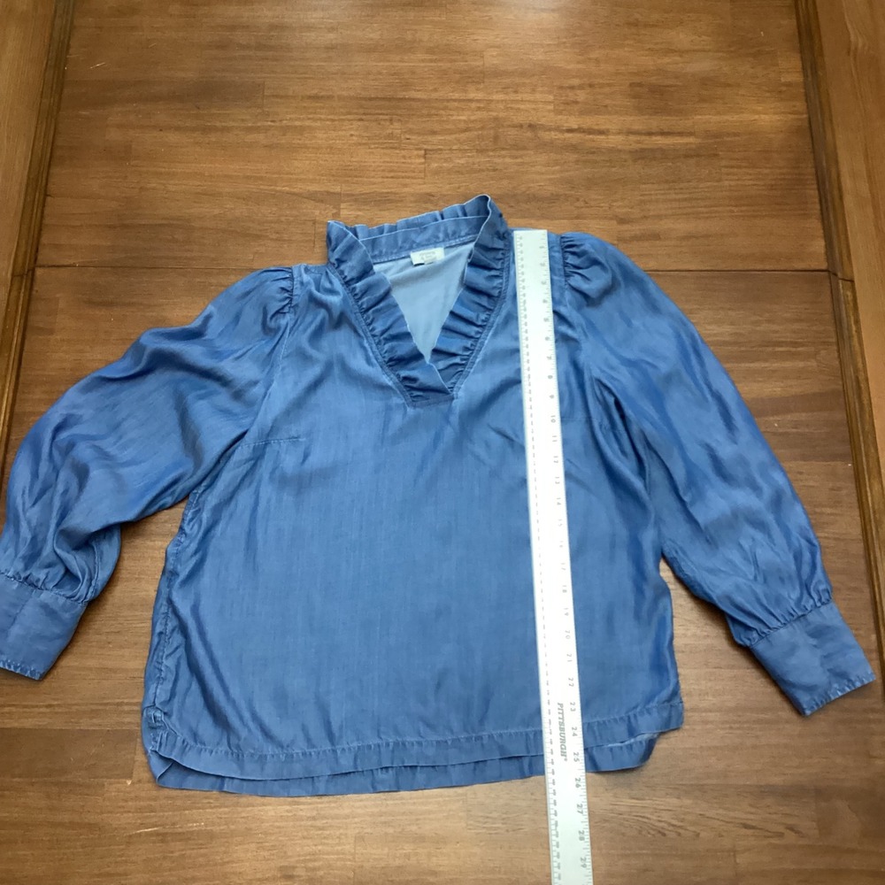 Crown & Ivy Womens Blue Tencel Lyocell Ruffle V-Neck Puff Sleeve Blouse Large - Picture 3 of 7